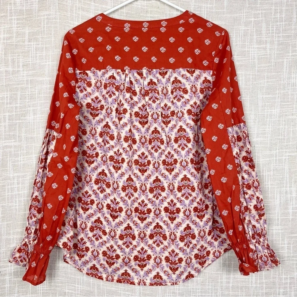 SUNDANCE Explorer Patchwork Orange Lavender Block Print Henley Boho Top